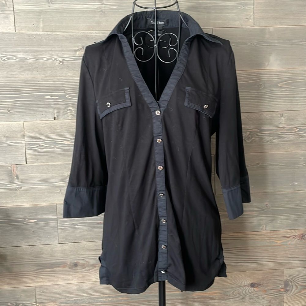 WHBM black V-neck three-quarter sleeve collared blouse